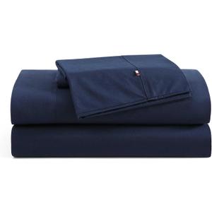 Tommy Hilfiger - Queen Size Sheets Set, Crisp & Tailored Cooling Sheets with a Naturally Smooth Cotton Percale Lightweight Feel - Bed Sheets with Matching Pillowcases & Fitted Sheet (Navy)