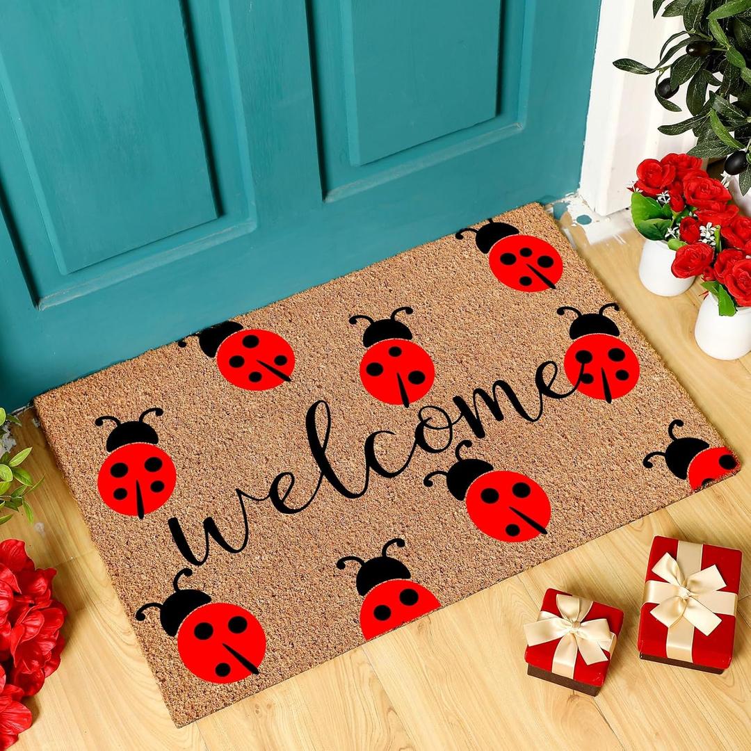Ceenna Summer Back to School Natural Coir Door Mat Outdoor Rug Summer Welcome Doormat Independence Day Non-Slip Mat for Front Porch Entryway Outside, 16 x 28 Inches (Ladybug)