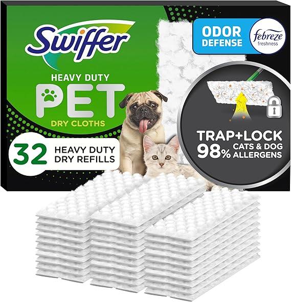 Swiffer Sweeper Pet, Heavy Duty Dry Sweeping Cloth Refills with Febreze Odor Defense, Floor Cleaning, 32 Count