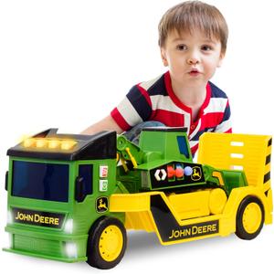 John Deere 2ft Extra Large Mega Mover Dual Joystick Motorized Trucks: Front Loader & Hoe with Trailer, Lights, Sounds Construction Toys for Kids 3+
