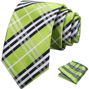 PenSee Mens Black Tie Checkered Tie Classic Necktie 3.15" (8CM) Plaid Ties For Men With Pocket Square Set (Medium, 207-twill Plaid Lime Green)
