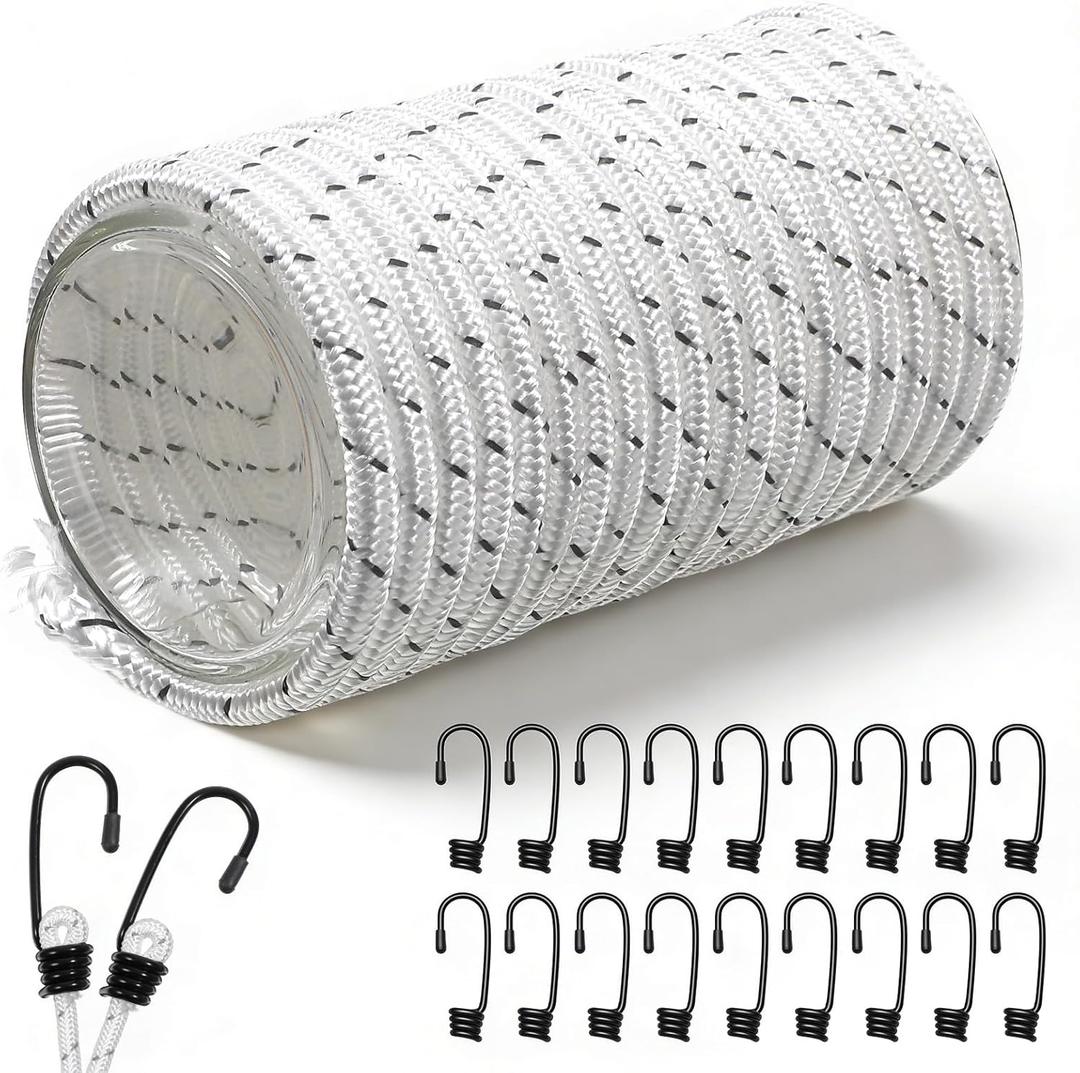 Heavy Duty Bungee Cord with 20 Hooks - 5.8mm Thick Polyester Elastic Shock Cord Kit for Outdoor Camping, Tarp Tie Downs, Kayak Deck, Bike Rack, Roof Rack, and DIY Projects (1/4" x 164ft)