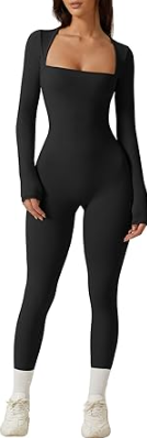 QINSEN Womens Sexy Square Neck Long Sleeve Full Length Leggings Bodycon Stretch Jumpsuit M