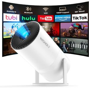 Built-in Apps & Android 12WISHOLY Mini Projector with WiFi and Bluetooth, Portable Smart Projector with Auto Keystone Correction, 1080P Support, 180 Rotatable, HDMI USB Compatible