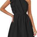 ZESICA Women's Summer One Shoulder Ruffle Dress Boho Sleeveless Elastic High Waist Swing Mini Dresses (X-Large, Dim)