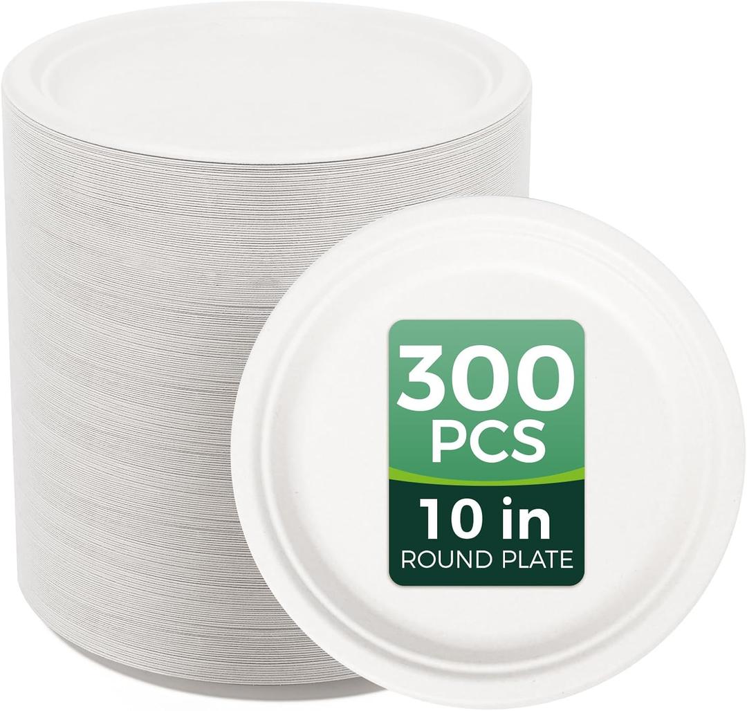 100% Compostable Paper Plates - 10 Inch, Bulk 300 Count - Disposable, Heavy Duty, Biodegradable Plates Made of Bagasse - Eco-Friendly, Large Size (White)