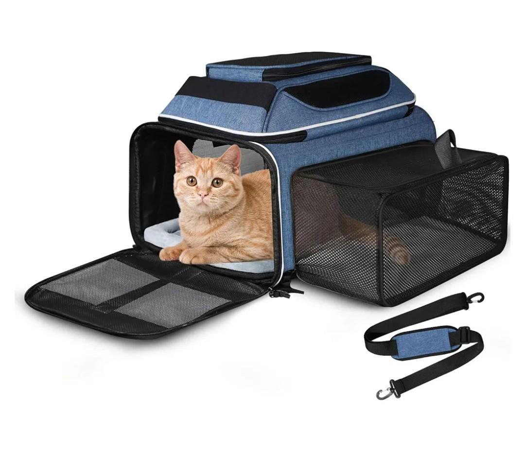 Petskd Top and Side Expandable Pet Carrier 17x12x8.5 Inches JetBlue Frontier Spirit Airline Approved, Soft-Sided Carrier for Small Cats and Dogs with Locking Safety Zippers and Anti-Scratch Mesh(Blue)