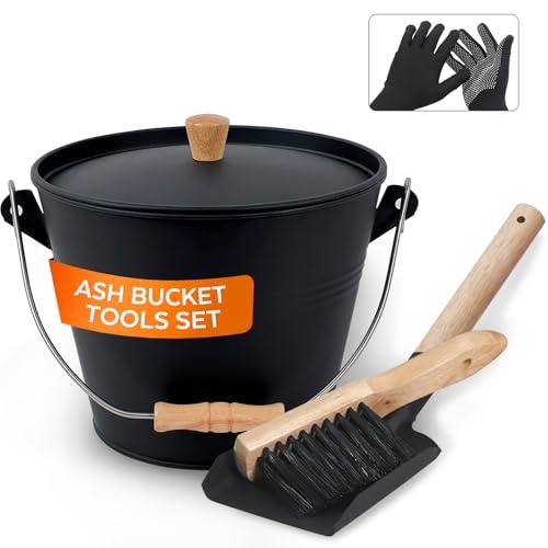 KEFIY Small Ash Bucket with Lid and Shovel, Metal Fireplace Ash Bucket with Broom, Complete Fireplace Tools Set for Wood Stove and Fireplace, Black
