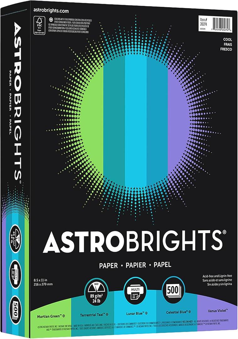 Astrobrights Color Paper - "Cool" Assortment, 24 lb Bond Weight, 8.5 x 11, Assorted Cool Colors, 500/Ream