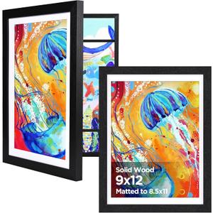 KINLINK 9x12 Kids Art Frame Set of 2, Solid Wood Kids Artwork Frames Changeable with Front Opening Hold 150 Pictures, Art Frames for Kids Art with Matwithout Mat 9x12 Picture Frame Black