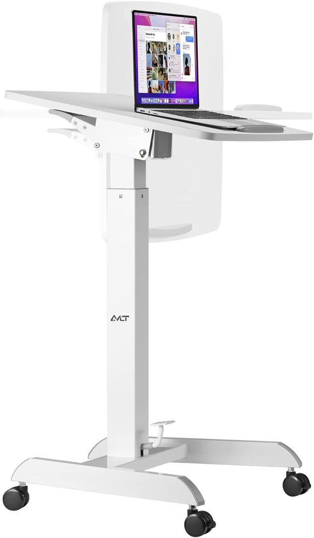 AVLT 47" Height Adjustable Mobile Workstation with Tilting Desk (3 ft 11 inches) - Foot Pedal Pneumatic Standing Desk Cart - Mobile Laptop Cart - Mobile White Cart with Brake Casters (White Tilting Top)