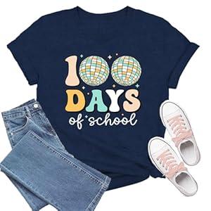 Women 100 Days of School Shirt 100th Day of School T-Shirts Teacher Life Tee Tops (XX-Large, Black)
