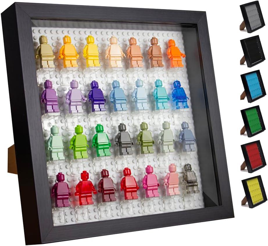 Black Wooden Minifigure Display Case - Memorabilia Display Case for Figures - 11 x 11 Inch Shadow Box Frame - Wall and Table Top With Dust Protection - Up To 28 Figures (White Base, 4Cm Depth)