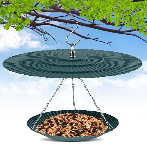 7.7" Metal Bird Feeder Hanging Outdoor, Small Bird Feeder with Squirrel Baffle, Birdfeeder Cover Shield Umbrella Weather Guard, Green