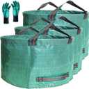 Professional 3-Pack 63 Gallon Lawn Garden Bags Large (D31,H19 inch) Yard Waste Bags W/Gardening Gloves,Standable,Reusable Leaf Bag,Lawn Debris Bin,Garden Trash Container,Plant Trimmings Bag 4 Handles