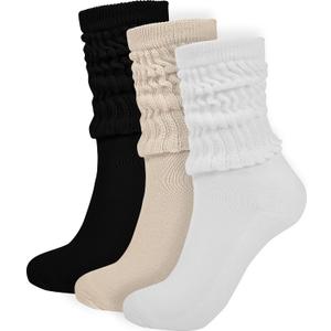 BomKinta Crew Slouch Socks Women - Retro Scrunch Short Sock - Soft Solid Ankle Socks Size 5-11 (Black White Cream -3 Pairs)