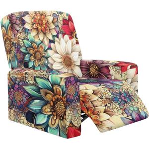 Boho Recliner Chair Cover for Electric Flower Recliner Stretch Slipcovers Printed 4-Piece Lazy Boy 1 Seat Washable Sofa Cover Furniture Protector with Side Pockets for Pets