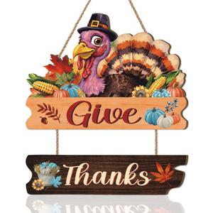 Give Thanks Door Sign,Turkey Front Door Decor,Thanksgiving Day Wooden Plaque,Thankful Wreath,Fall Wooden Hanging Signs,Autumn Wall Sign,Realistic Turkey Wreath For Outdoor Porch Office Home Room