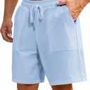 LIFROWI Men's Shorts Casual Cotton Linen Shorts Golf Elastic Waist Drawstring Loose Fit Summer Beach Outfits Size M, Light Blue
