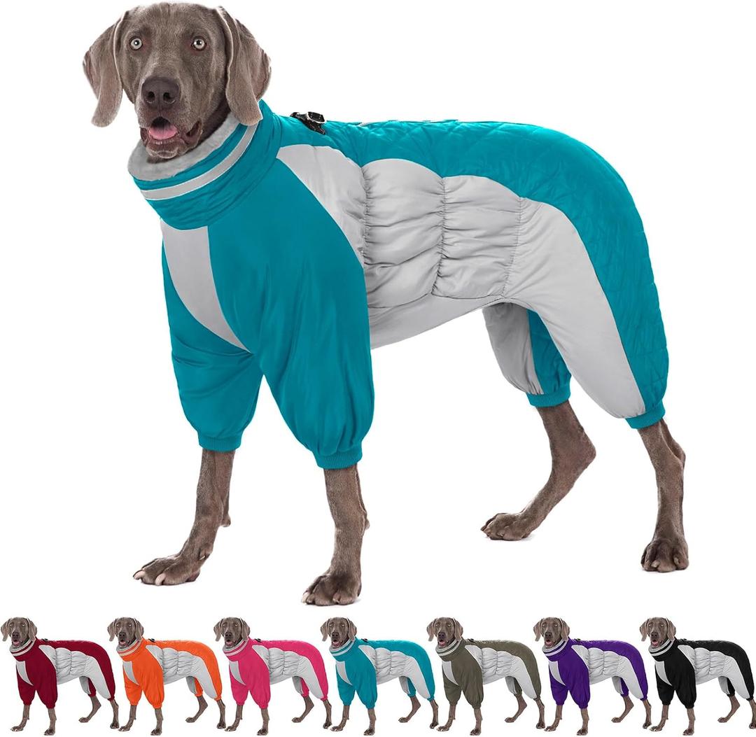 AOFITEE Fullbody Dog Coat Warm Fleece Dog Jacket, Windproof Dogs Winter Coat with Harness Built in, Reflective Turtleneck Dogs Snowsuit Puffer Jacket, Four Legged Snow Suit for X-Large Pet (Turquoise,  X-Large)