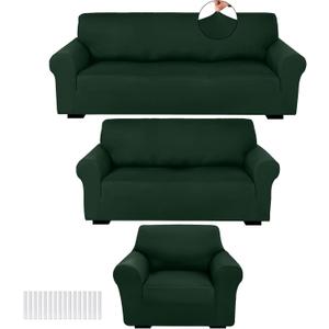 Peryiter 3 Pcs Slipcover Set for Couch Furniture Covers for Sofa Loveseat Couch Arm Chair, Form Fit Stretch, Wrinkle Free, Furniture Protector (Dark Green,Milk Silk Spandex)