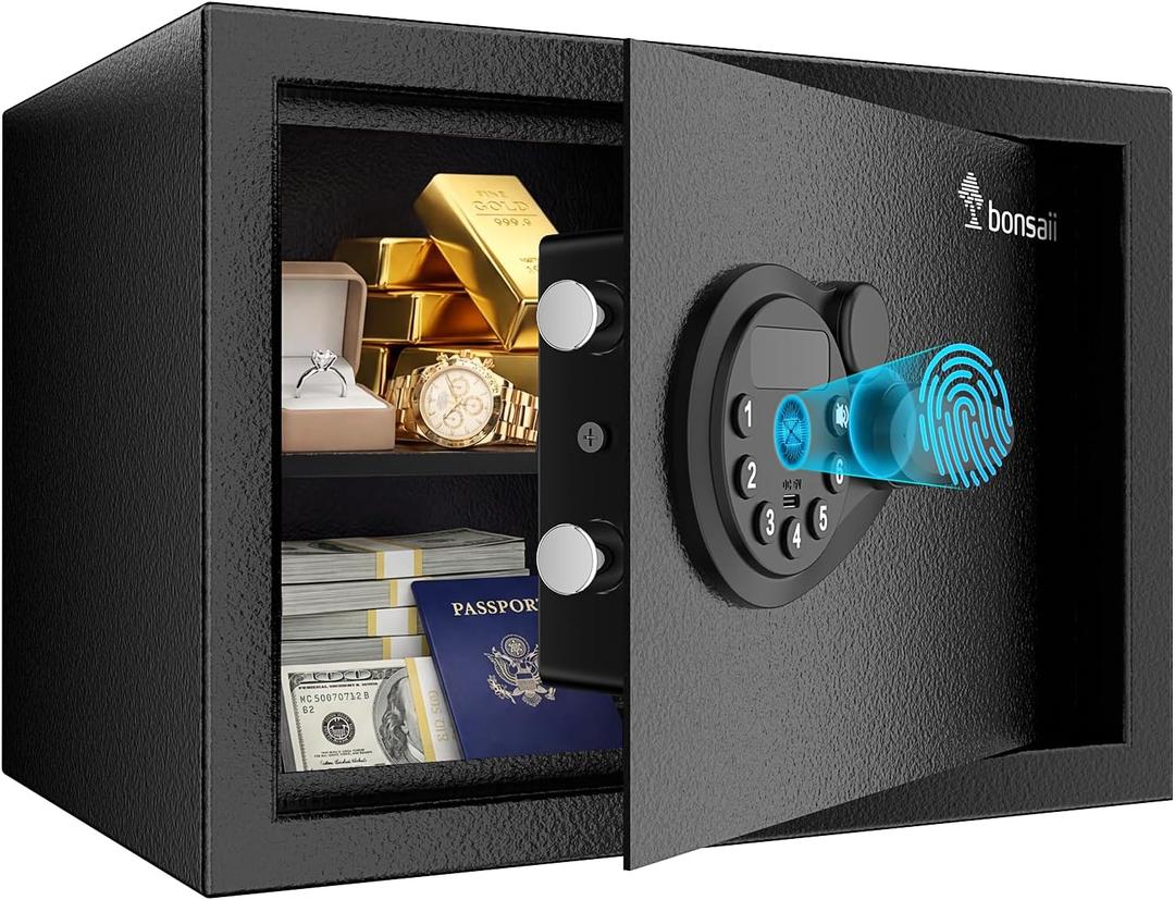 Bonsaii 0.6 Cubic Fingerprint Safe Box, Biometric Security Safe with Electronic Keypad & Removable Shelf for Valuables, Jewelry, Documents, Home Office Hotel Use, 9.84" x 13.78" x 9.84", SF002