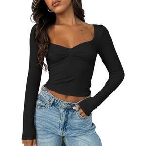 ForeFair Women's Sexy Long Sleeve Going Out Tops Pleated Bustier Shirt Cute Sweetheart Neck Y2K Cropped Top (Black) XS