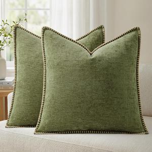 a moment Pack of 2 Decorative Chenille Throw Pillow Covers with Twill Cushion Covers for Sofa Living Room Couch Bed 22x22 Inch,Crafted Border Moss Green