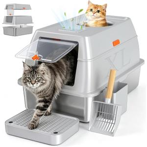 XL Enclosed Stainless Steel Litter Box with Lid, Light Gray