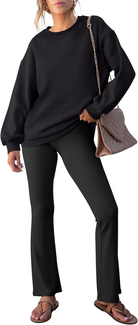 ANRABESS Women 2 Piece Sweatsuits Lounge Set Oversized Fleece Crewneck Sweatshirts Flare Pants 2025 Fall Outfits Clothes (Small, Black)