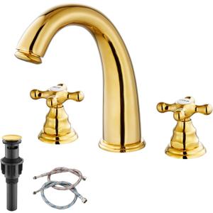 gotonovo 8 inch Widespread Bathroom Sink Faucet Fixtures Bathroom Faucets for Sink 3 Hole 2 Cross Handles Deck Mount with Pop Up Drain Water Supply Lines HOT and Cold Label Polished Gold