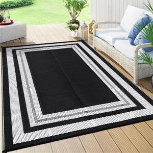 COZYLOOM 8x10 Outdoor Rug Waterproof Reversible Plastic Straw Rug for Patios Modern Area Rug for Outdoors Backyard Porch Balcony RV Deck Picnic Camping Beach Trailer Black White Panel