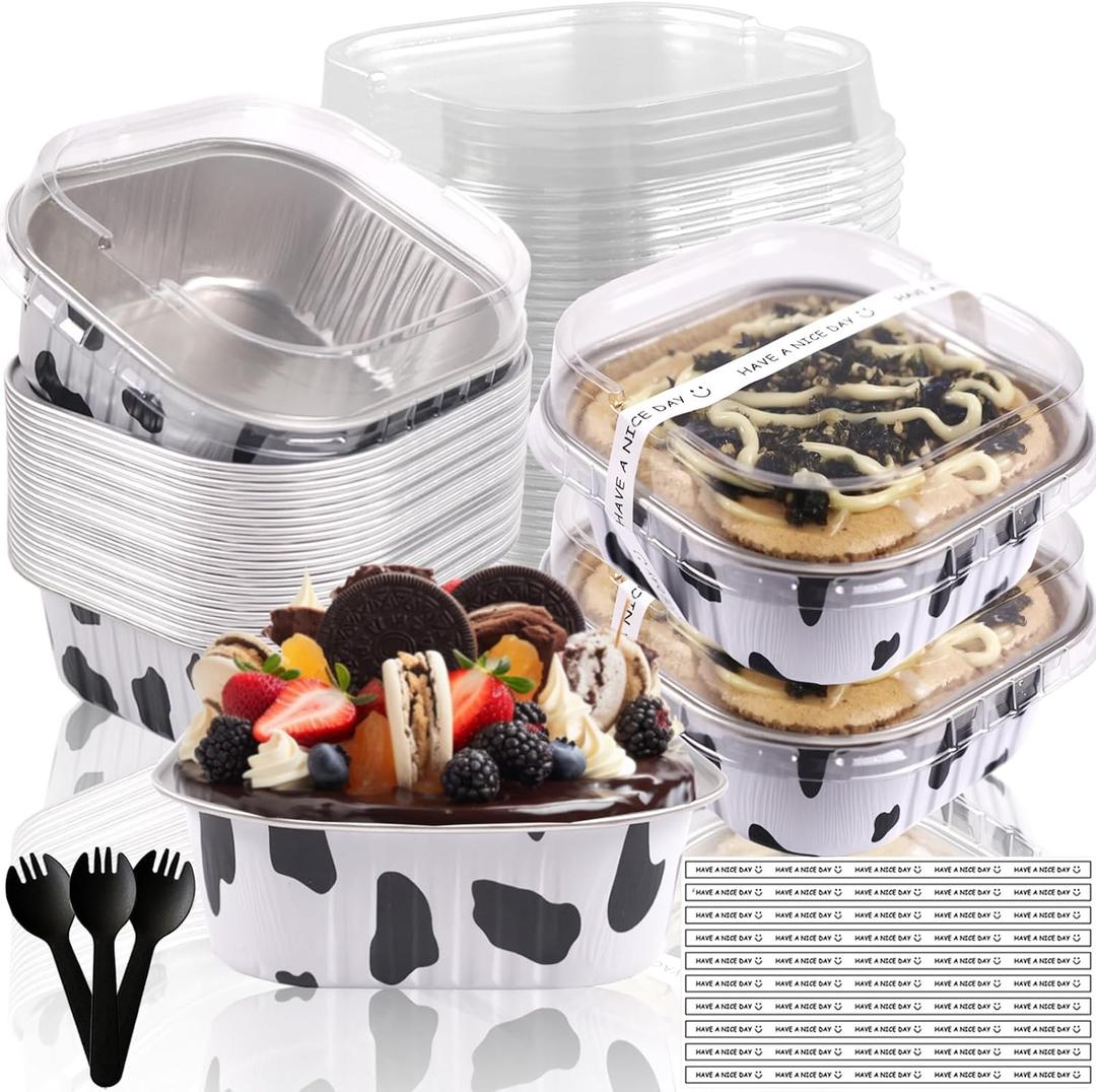 10oz Mini Cake Pans With Lids 50 Pack Aluminum Foil Square Brownie Baking Cups,4x4" Disposable Loaf Pans With Lids and Spoons Stickers,Large Cupcake Pans Muffin Cake Tins Container(Cow Print)