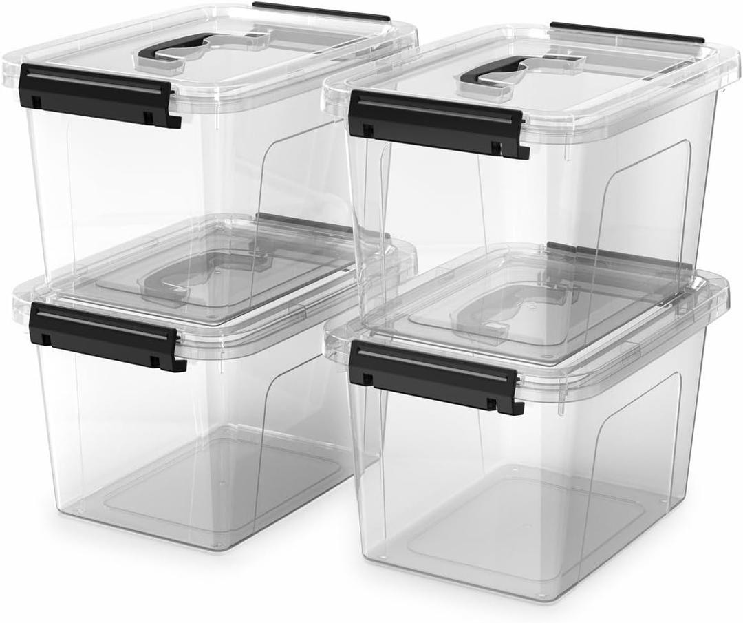 4 Pack Plastic Storage Bins with Lids and Handle, Clear Plastic Latching Box for Storage, Stackable Storage Containers for Organizing, 5 Quart