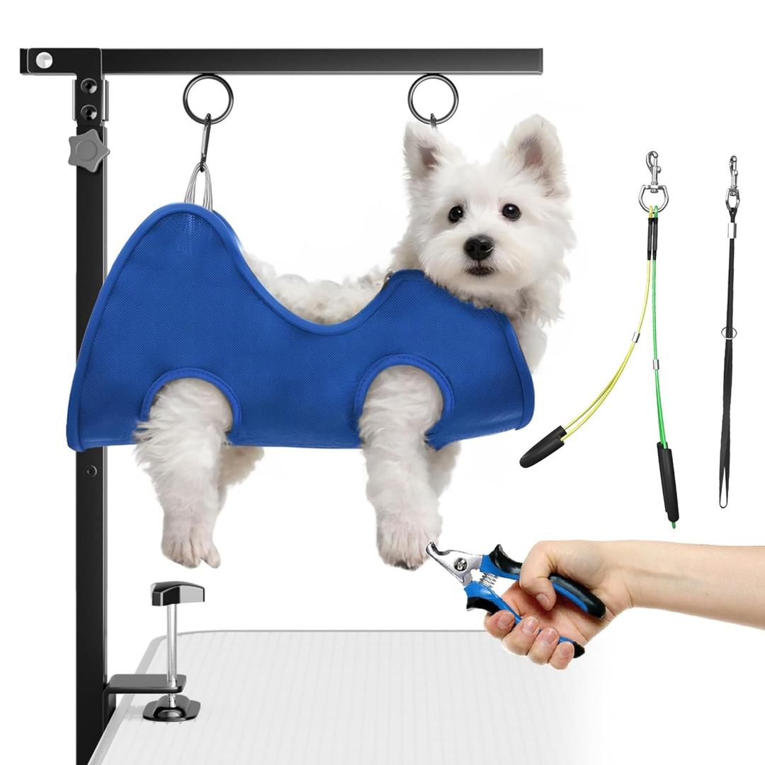 Foldable Dog Grooming Arm with Clamp: Adjustable Height 26"40", Dog Grooming Table Arm with Hammock and NoSit Holder, Grooming Restraint for Small, Medium Dogs at Home or Salon