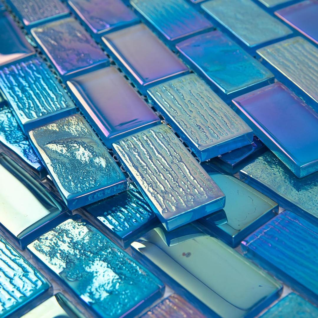 Glass Mosaic Tile Backsplash Fantasy Blue 12 x 12 Inch Glossy Pool Glass Tile for Swimming Kitchen Bathroom Shower Waterline Fountain Spa Wall (5-Pack, 5 sq.ft.)