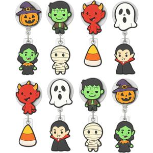 8Pcs Horror Badge Reels, Halloween Badge Reels Retractable, Funny Badge Holder Alligator Clip for Nurse Doctor