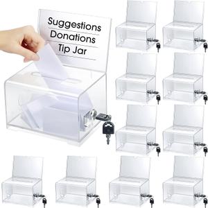 Chunful 10 Pcs Acrylic Donation Box with Lock and Sign Holder Clear Ballot Donation Boxes with Slot for Fundraising Suggestion Box Storage Container for Voting, Raffle Bowl, Tip Jar