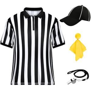 ComfyKit Men's Referee Costume Kit,Referee Shirt Stripe Umpire Jersey,Hat,Stainless Steel Whistle with Lanyard,Penalty Flag for Football Soccer Sports and Halloween Cosplay Outfits, Medium