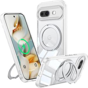 360 Spin Magnetic Stand Case for Google Pixel 9A Fit for MagSafe & Pixelsnap Cover with Ring Holder No-Yellow Crystal Clear Camera Protection Phone Google Pixel 9A Case - Clear