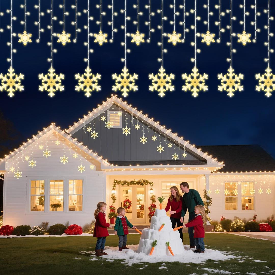 Brightown Snowflake Christmas Lights,20Ft 228 LED Icicle Lights for Outside with 24 Drops,Connectable Curtain String Light for Indoor Outdoor House Eaves Window Porch Tree Holiday Decor, Warm White