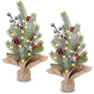 HUAESIN 2Pcs Mini Christmas Tree 12 Inch Flocked Tabletop Christmas Tree with Lighted Snow Frost Pine Cones Small Xmas Tree for Winter Decor Indoor Office Bedroom Kitchen Xmas Decorations (Green)