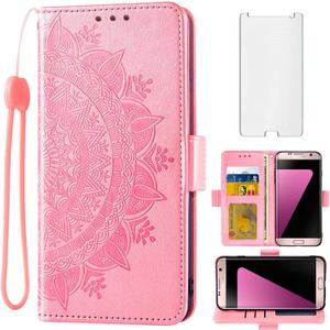 Asuwish Compatible with Samsung Galaxy S7 Wallet Case Tempered Glass Screen Protector Card Holder Flip Purse Accessories Wrist Strap Cell Phone Cover for Glaxay S 7 7s GS7 SM-G930V G930A Rose Gold
