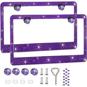 2 Pack License Plate Frames for Women, Sparkly Rhinestone Diamond Car Accessories with Glitter Crystal Caps (Violet 2PCS)