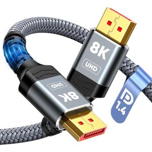 Capshi 8K DisplayPort Cable 1.4, VESA Certified 6.6FT DP Cord (8K@60Hz, 4K@144Hz, 2K@240Hz), 32.4Gbps Display Port Cable for Gaming Monitor, Graphic, PC, HDR/ HDCP 2.2/ FreeSync/ G-Sync, Braided, Grey