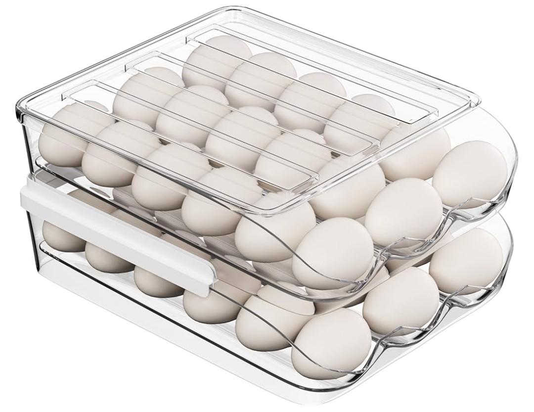 Proarea Egg Holder for Fridge 36 Capacity Automatic Rolling Egg Organizer for Refrigerator, Clear Stackable Container for Kitchen or Pantry Storage 2 Pack