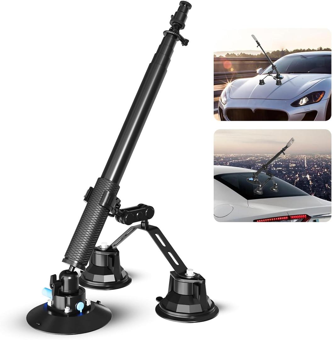 Triple Strong Suction Cup Camera Car Mount for Insta360, with 2in1 Extension Pole/Selfie Stick/Action Camera Adapter Compatible, Compatible with GoPro 11,10,9,8,7 (Black)