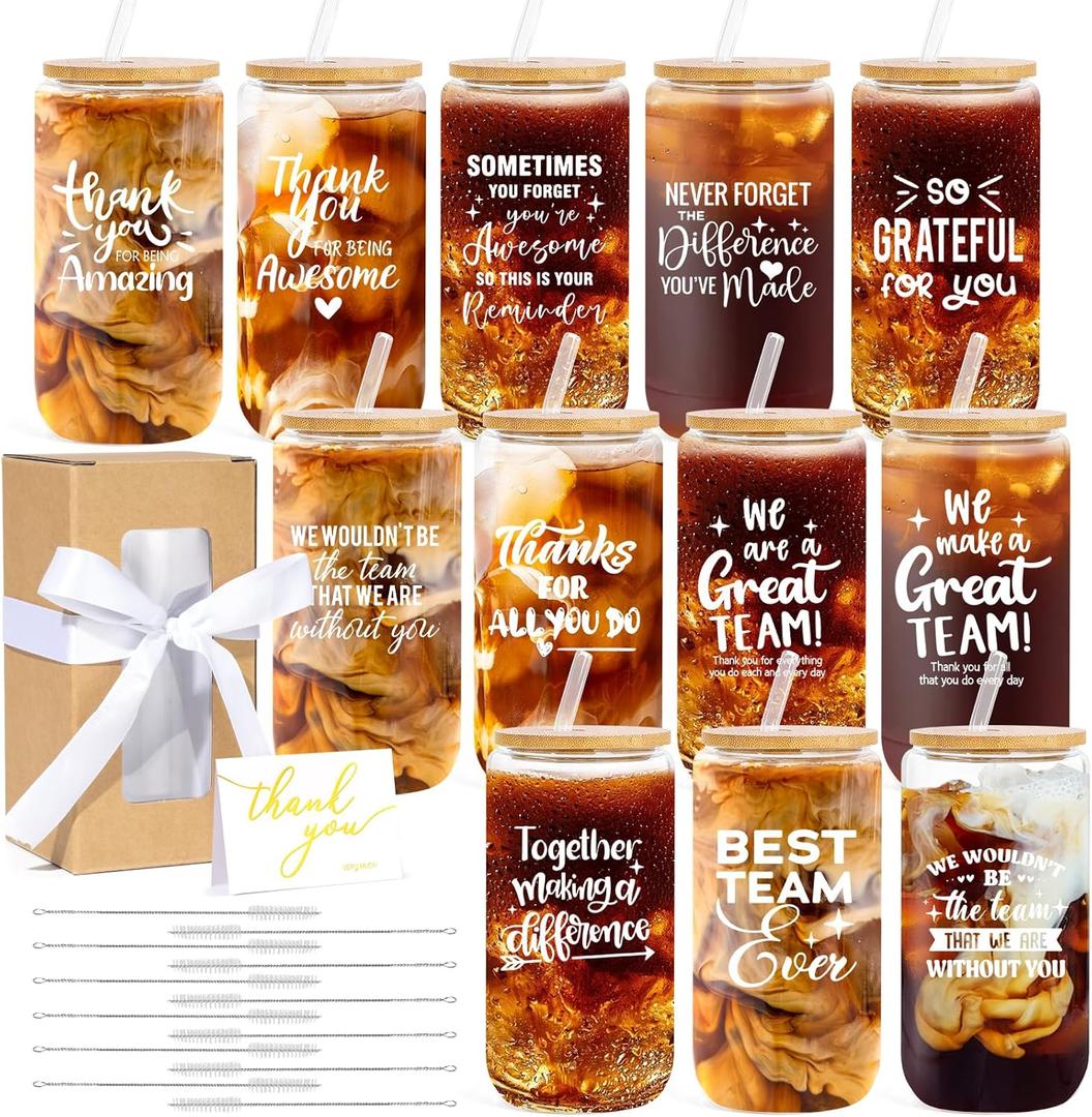 12 Set Employee Appreciation Gifts Bulk, Thank You Gifts for Coworker Staff Teacher Nurses Team, 16oz Can Shaped Beer Glass Cups Gift Box with Card for Women Men, Teacher's Day/Nurses Week