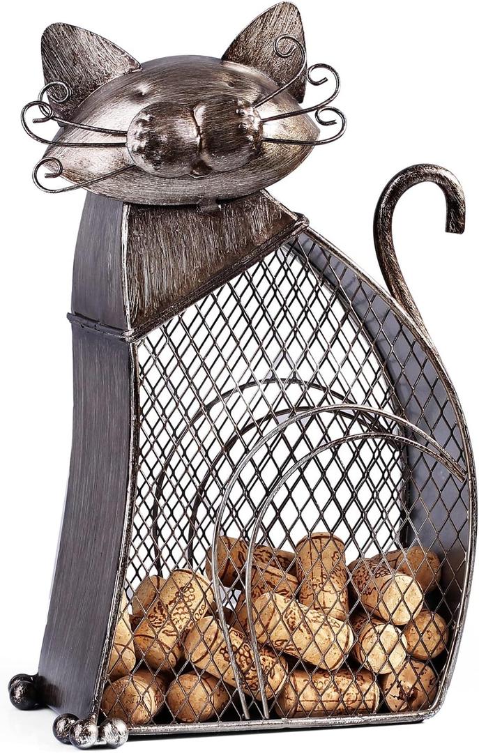 Cat Decor Wine Cork Holder Tabletop Wine Racks Shelf Metal Wine Bottle Holder Home Decor Wine Decor (Antique Silver)