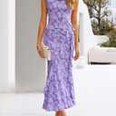 ZESICA Women's Summer Floral Sleeveless Bodycon Dress 2026 Square Neck Ruched Wedding Guest Party Maxi Dresses, Purple, Medium